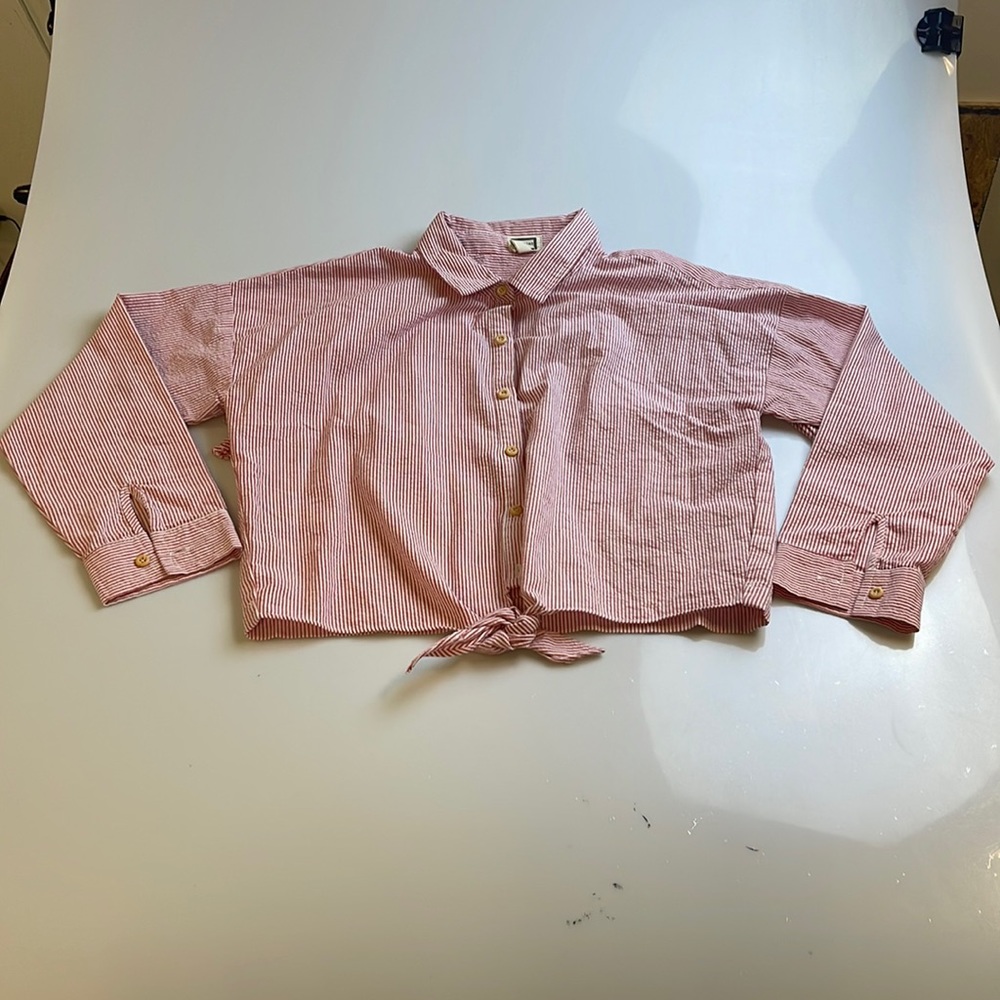 Mo:Vint Top Pink And White Striped Oxford